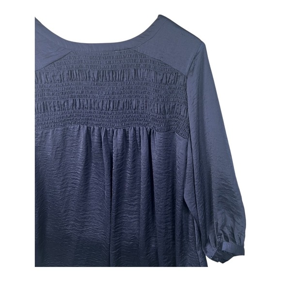 Rose & Olive Blouse Top Womens Sz 1XL 3/4 Sleeve Button Down Smocked Navy Career - Picture 9 of 10